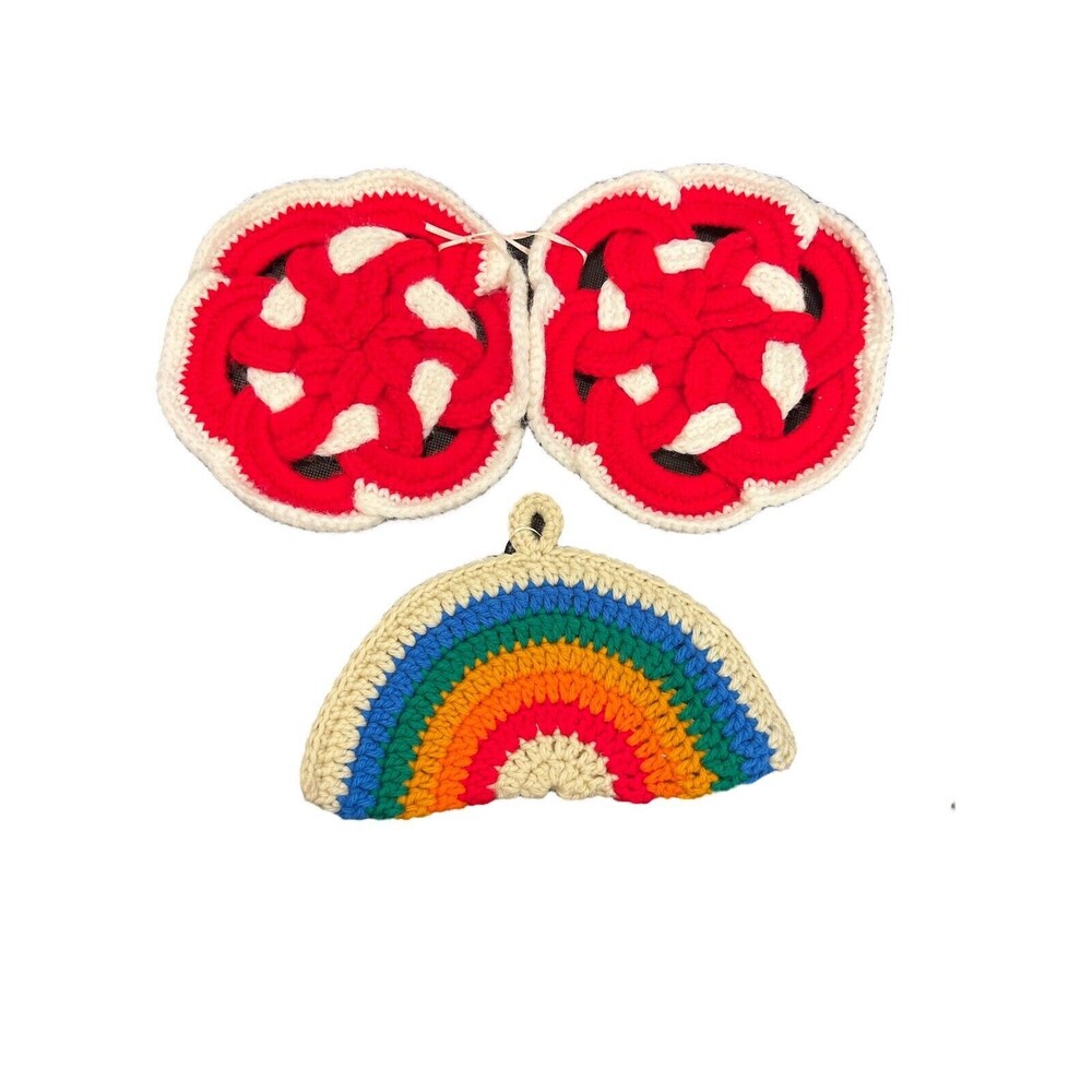 Lot of 3 Vtg Knit Crocheted Pot Holders  Hot Pad Homemade‎ Red & White Rainbow